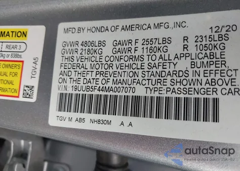 2021 Acura Tlx Technology Package из США, поврежденный, VIN 19UUB5F44MA007070